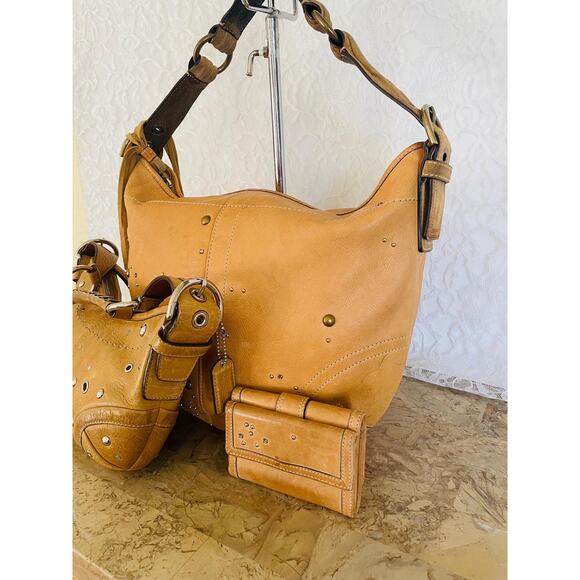 Bundle of 3 Vtg Rare Coach Ergo stud rivet camel Shoulder bag mini Wallet Y2K - Picture 4 of 9